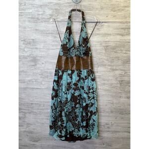 Carmen Marc Valvo Dress Womens Size 10 Blue‎ Brown Floral Sequin Silk Halter